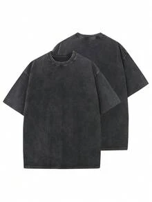 Plus Size Men's Vintage Washed Style Oversized Cotton T-Shirt - Comfortable And Loose Fit, Unisex Short-Sleeved Casual Sports Shirt Top - 黑色 - 查看 1