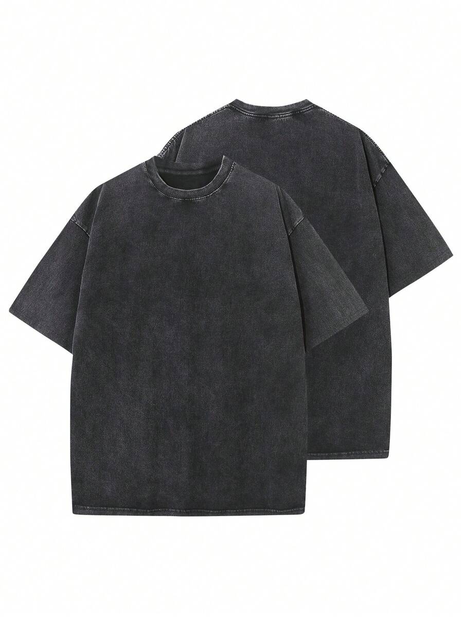 Plus Size Men's Vintage Washed Style Oversized Cotton T-Shirt - Comfortable And Loose Fit, Unisex Short-Sleeved Casual Sports Shirt Top - 黑色 - 查看 1