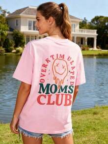 1pcsWomen's Summer Overstimulation Mom Club Graphic Print Round Neck Short Sleeve Simple Casual Everyday Black Plus Size-Shirt Tops, Mom Birthday Grap - 粉色 - 查看 7