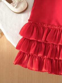 1pc Girls Cute Fashionable 3D Rose Flower Solid Color Ruffle Hem Sleeveless Dress - Red - View 6
