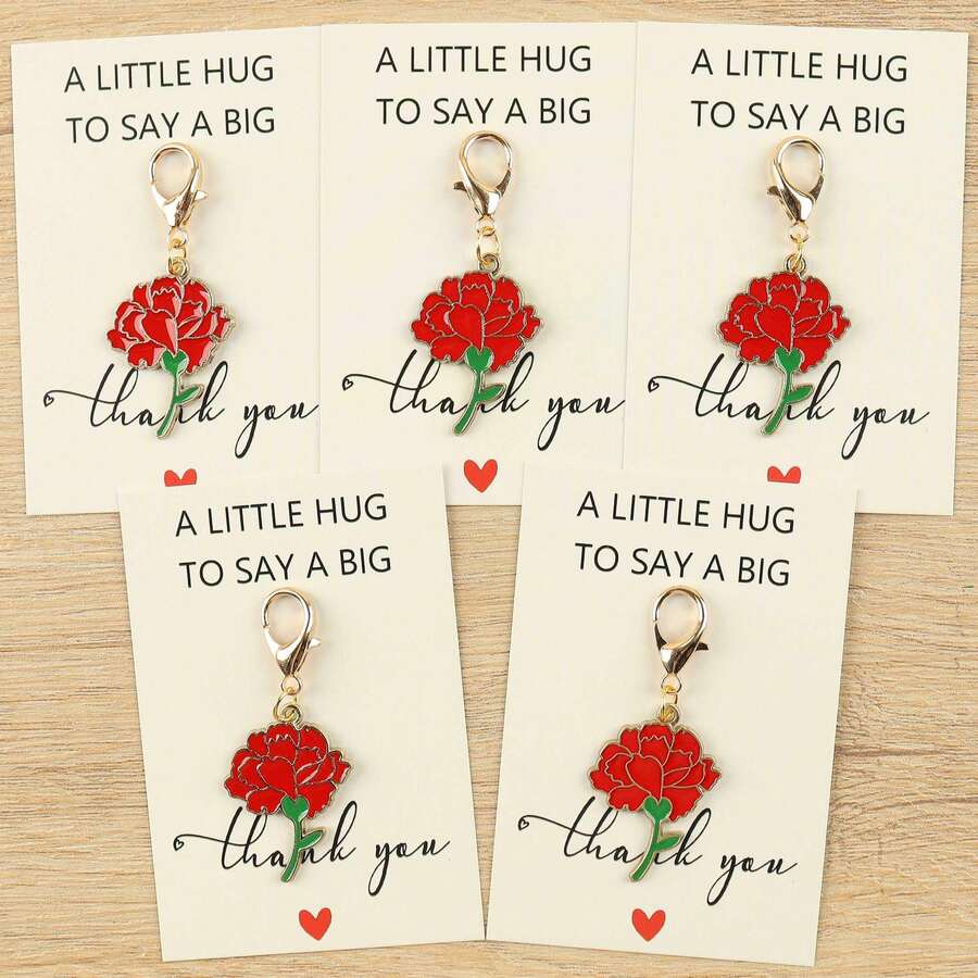 1pc/3pcs/5pcs Cute Red Carnation Enamel Keychain "A Little Hug To Say A Big Thank You" Sweet Appreciation Greeting Card Gift For Mom Teachers Friends Family - Multicolor - View 1