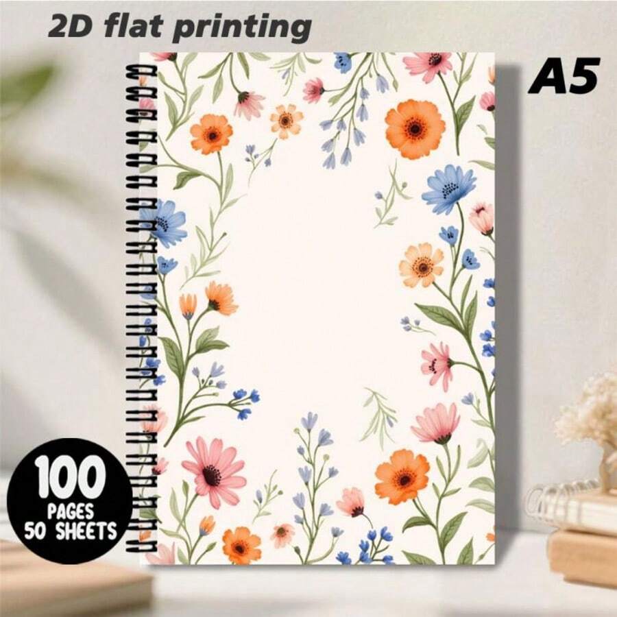 1 Pc A5 Size Romantic Floral Pattern Spiral Notebook, Smooth Writing Lined Pages, Minimalist Fresh Design, Suitable For Daily Records, Note-Taking, Inspiration Collection And More, Adding Natural Poetic Touches To Your Writing Time, A Thoughtful Companion For Office, Study And Life. - J - View 1