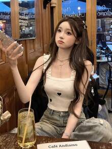 Cute & Sexy Girl Ribbed Knit Camisole, Sleeveless Design With Heart Embroidery, Suitable For Spring/Summer Layering Or Outerwear - Milky White - View 5