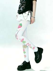 1双女士天鹅绒水果音符印花连裤袜，新颖独特，舒适时尚，适合日常穿着、通勤、节日派对和外出活动。 - 彩色 - 查看 5