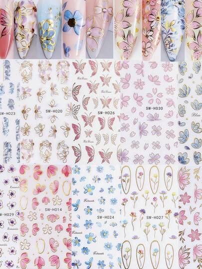 5 piezas Pegatinas de arte de uñas 3D con flores doradas hermosas y lindas de estilo japonés, flores rosas/azules/naranjas y mariposas autoadhesivas decorativas para uñas