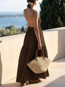 Vacation Casual Solid Color Backless Spaghetti Strap Dress - Coffee Brown - View 2