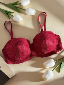 Women's Red Sexy Lace Lingerie, Comfortable French Lace Patchwork Bra, Lift And Gather Underwire Bra - Red - View 8
