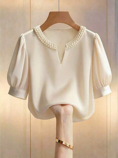 Women Elegant Champagne Satin Shirt Faux Pearl Puff Sleeve Notched Neck Loose Fit Casual Commuter Wear Dating Valentine's Day Fashionable