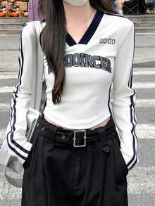 V领修身美式字母印花长袖T恤，适合春秋季休闲穿着，白色 - 白色 - 查看 2