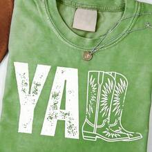 2026 Tops For Women, Washed Cotton Women's T-Shirt, Vintage Western Print Women's T-Shirt, Southern Country Cowgirl Shirt, Cowboy Boot Style, Cute Cowboy Rodeo Country Concert Outfit T-Shirt, Cute And Stylish T-Shirt, Universal Loose Bohemian Style T-Shirt, Local Warehouse, Elegant And Cute Women's Clothing, Loose And Comfortable Summer Tops - 綠色 - 查看 3