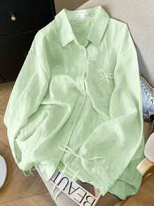 Women's Solid Color Casual Butterfly Decor Long Sleeve Sun Protection Blouse - Mint Green - View 1