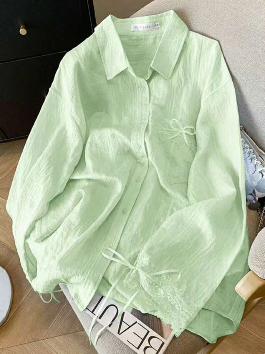 Women's Solid Color Casual Butterfly Decor Long Sleeve Sun Protection Blouse - Mint Green - View 1