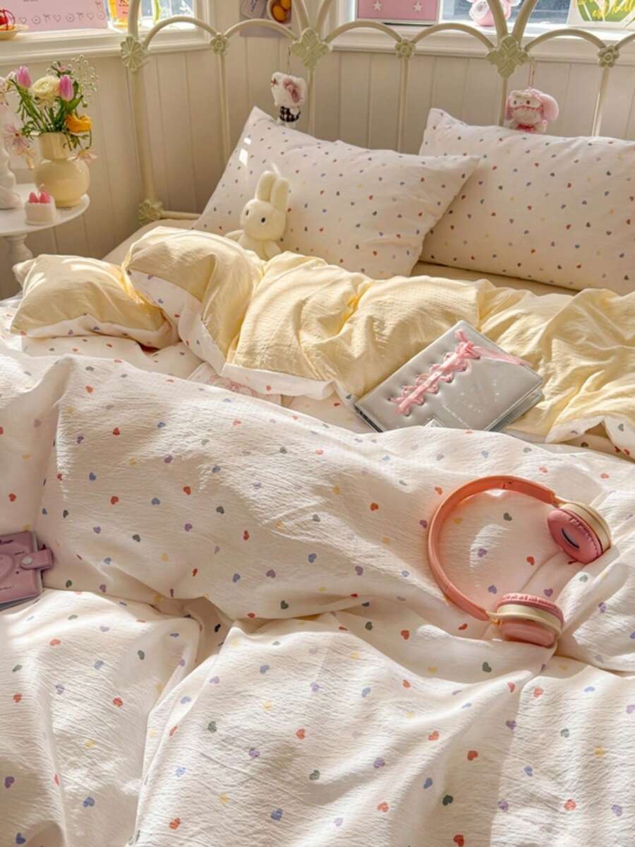 4件組彩色愛心被套組(1件被套 + 1件床單 + 2件枕套,不含內芯)極簡愛心圖案純色床單 家居舒適裝飾 個性百搭 柔軟透氣 開學季 - 香檳色 - 查看 1