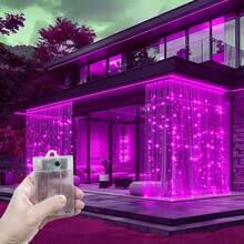 Luces de cortina con 8 modos, luces de jardín con 4 opciones de color, luces de ambiente romántico para decoración de habitaciones, decoración de bodas y fiestas, luces de hadas navideñas y de Halloween, decoración de coronas florales, luces de fiesta de cumpleaños, iluminación de jardín y patio, iluminación de paisaje - Cortina de luz con caja de baterías - Ver 24
