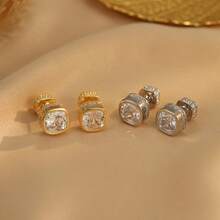1 Đôi bông tai kiểu dáng sang trọng, đính đá Cubic Zirconia hình vuông, màu đồng oxy hóa và đá Aquamarine, thích hợp đeo hàng ngày cho nữ. - Bông tai thời trang - Xem 2