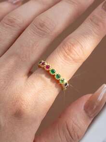 1pc Rainbow Zirconia 925 Sterling Silver Ring, Lightweight & Delicate, Suitable For Daily Wear And Dates - Gold - View 2