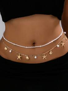 Conjunto de cinturón de doble capa con estrella de mar y concha de estilo bohemio - Cadena corporal con cuentas de perlas falsas - Cinturón ajustable - Multicolor - Ver 11