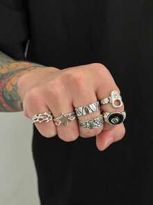 6 Stücke modischer, personalisierter Herren Kreuzblumen Ring Set, charmanter Schmuck, tägliche Dekoration und Party Accessoire - Antiksilber - Übersicht 9