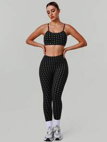 2 PCS CO Ord Sportswear Set Women's Polka Dot Print Adjustable Cross Straps Backless Sports Bra And High Waist Hip Lifting Sports Yoga Leggings - Black - View 8