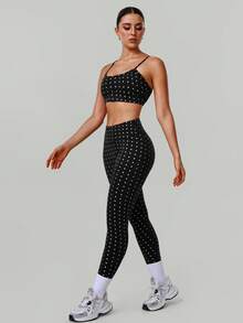 2 PCS CO Ord Sportswear Set Women's Polka Dot Print Adjustable Cross Straps Backless Sports Bra And High Waist Hip Lifting Sports Yoga Leggings - Black - View 9