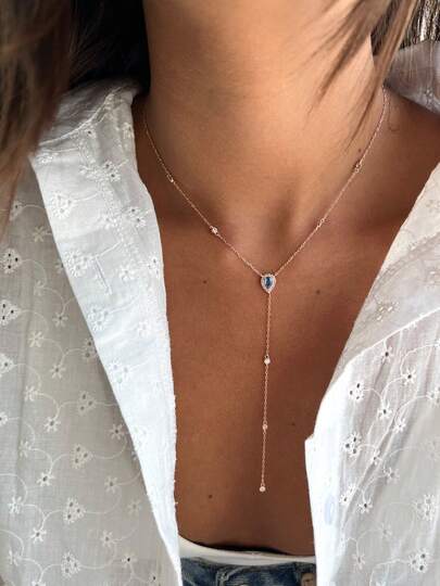 1 chiếc vòng cổ hình chữ Y thời thượng dành cho khu nghỉ dưỡng, đính đá Zirconia hình giọt nước màu xanh dương, phụ kiện dự tiệc và kỳ nghỉ hè dành cho nữ.