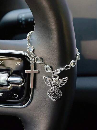 Vintage Silver Angel Cross Car Decor Transparent Crystal Bead Chain Multi-Use Steering Wheel Wrap, Rearview Mirror Pendant Handbag Charm & Bracelet For Women Religious Auto Interior Decor