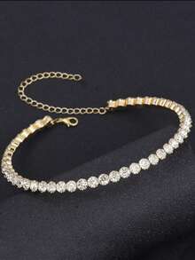 1条女士全水晶水钻颈链，百搭晚礼服配饰，固定式项链 - 金色 - 查看 4