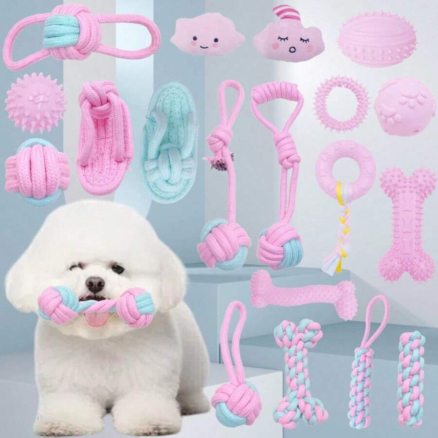 7pcs/5pcs/1pc Pink Series Pet Toy Set - Made Of Durable Silicone And Rope, Suitable For Dog/Cat Dental Care And Entertainment - Multicolor - View 1