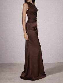 女士优雅纯色褶皱缎面拼接连衣裙，适合外出、派对、鸡尾酒会、婚礼宾客和春季度假派对等场合。 - 棕色 - 查看 3