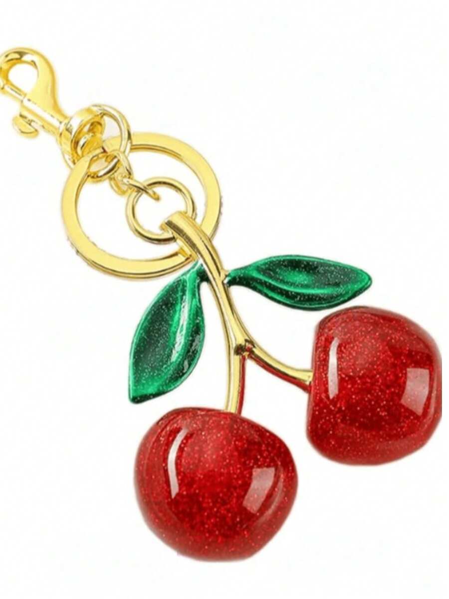 1 pieza Llavero con colgante en forma de cereza - Accesorio de coche con forma de cereza, regalo de Navidad/Día de San Valentín para mujeres (Tamaño: 4.3in/10.92cm X 2.6in/6.6cm, Tamaño de la cereza: 1.18in/3cm) - Hojas verdes y cerezas rojas - Ver 1