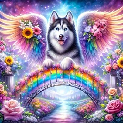 1幅5D DIY钻石画，彩虹桥天使哈士奇图案，手工钻石刺绣，无框，客厅卧室装饰，送给妈妈的礼物