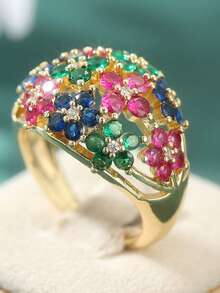 Women's Luxury Colorful Cubic Zirconia Shiny Geometric Round Wide Ring, Gold Finger Jewelry, Suitable As Wedding Gift - Gold - View 10