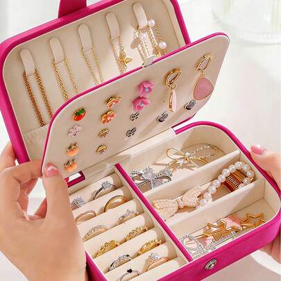 1 pieza Caja de almacenamiento de joyas portátil para viajes, Caja de joyas mini, Organizador de joyas pequeño, Estuche multifunción para exhibir anillos, Soporte para aretes, collares y colgantes, Caja de almacenamiento de joyas impermeable de poliéster, Caja de exhibición de joyas de gran capacidad