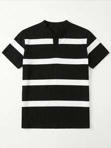 男士时尚休闲亨利领黑白条纹短袖T恤，修身款 - 黑色 - 查看 3