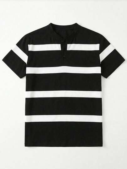 男士时尚休闲亨利领黑白条纹短袖T恤，修身款