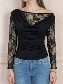 Damen elegantes schwarzes Spitzen-Rundhals-Figurbetontes T-Shirt, Herbst/Winter - Schwarz - Übersicht 5