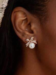 1pair Bowknot-Shaped Faux Pearl & Rhinestone Inlaid Earrings With Elegant And Sophisticated Design Valentines - 金色 - 查看 3