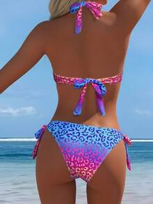 Ombre Leopard Print Twist Back Tie Decor Bikini Set, Vacation Beach Outfit Summer - Multicolor - View 4