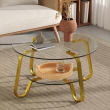 Retro Minimalist Style Metal Frame Double Layer Tempered Glass Coffee Table, Add A Touch Of Elegance To Your Living Room - Gold - View 1
