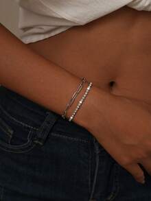 2-delars armbandsset för tonåringar, bohemisk sommarstrandstil, flerskiktad enkelkedja, gemkedja, tenniskedja med zirkonia, stapelbara armbandstillbehör, present - Silver - Visa 3