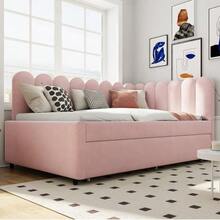 L-Förmiges Polsterbett, Schlafsofa 140x200 Cm Mit Geblümter Rückenlehne Und Ausziehbett In Beigem Samtstoff - Pink - View 4
