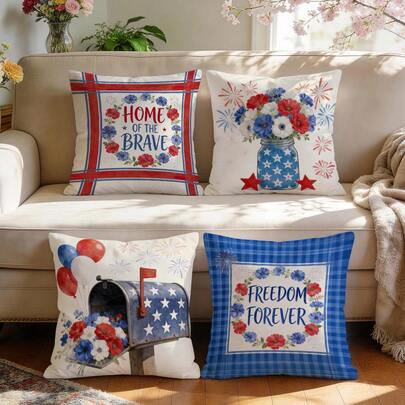 Bộ 4 vỏ gối trang trí chủ đề Ngày Độc lập Hoa Kỳ: hộp thư hoa, bóng bay, nền kẻ caro, hình minh họa chữ in, chất liệu nhung đào, in một mặt, 100% polyester, dùng trang trí phòng khách, sofa, phòng ngủ, không kèm ruột gối, kích thước 40x40cm/45x45cm/50x50cm