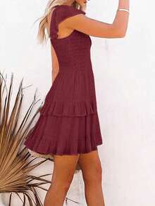Women's Summer Ruffle A Line Mini Dress Elastic Empire Waist Layered Swing Flowy Design - Màu Đỏ Sâu - Xem 2