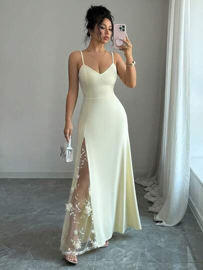LilyHouse 女士奶油黄吊带V领修身束身衣，高开衩蕾丝拼接3D立体花卉印花长裙，优雅浪漫性感，适合春夏度假、婚礼宾客、早午餐、花园约会、鸡尾酒会等场合，是女士夏季的理想之选。