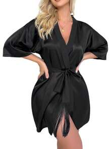 1pc New Women's Faux Silk Bathrobe, Solid Color Satin Long Tassel Tie Short Cardigan, Thin Fashionable Sexy Sleepwear, Suitable For Wedding Bride Bridesmaid Supplies, Holiday Gifts, Bathroom Decor, Summer Back To School Season And Other Occasions. - Multicolor - View 7