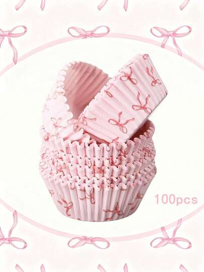 100 Stück rosa Schleifen-Muster Cupcake Förmchen, fettdichte Backförmchen mit gerüschten Rändern, geeignet für Muffins und Cupcakes, ideal für Muttertag, Geburtstag, Babyparty und Party Dessert Dekoration.
