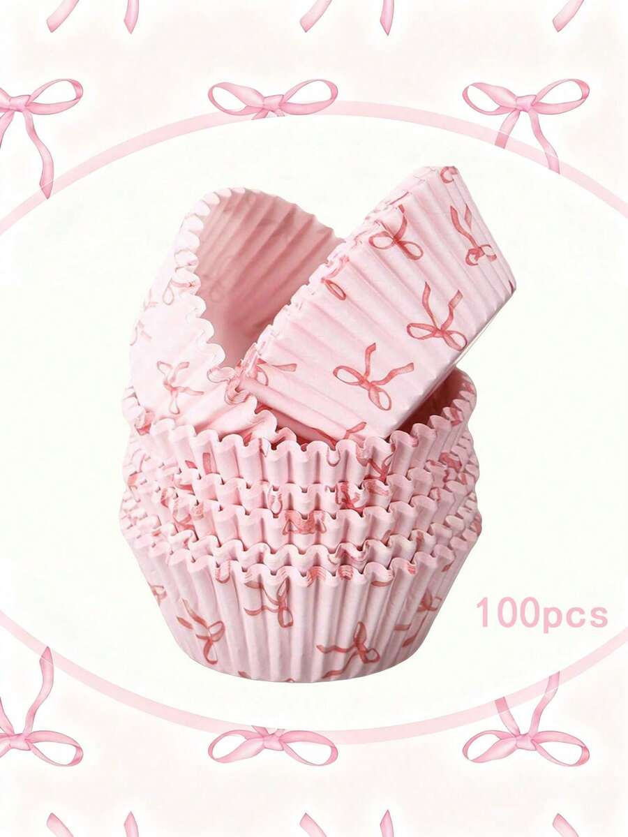 100pcs Pink Bow Print Cupcake Liners, Grease-Proof Baking Cups With Ruffled Edges, Suitable For Muffins And Cupcakes, Great For Mother's Day, Birthday, Baby Shower And Party Dessert Decoration. - Pink - View 1
