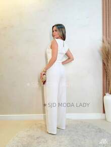 SJD MODA LADY Solid Tailored Set, Casual, Sleeveless Top And Palazzo Pants - White - View 6
