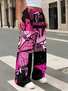 Women's Straight-Leg Pants + Black-Pink Butterfly Collage Print + Lightweight Slightly Stretchy Knit Fabric, Machine Washable And Quick-Drying Slim High-Waisted Cut + Pockets And Drawstring + Casual Vacation + Daily Wear Outfits - 彩色 - 查看 2