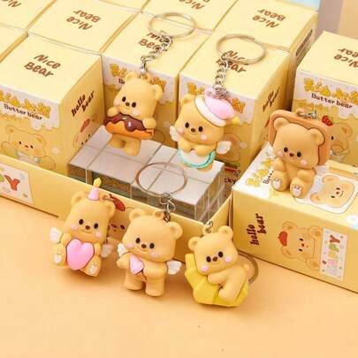  Cute Butter Bear Keychain Blind Box, Adorable Cartoon Bear Pendant For Backpack And Keys, Soft And Durable Butter Bear Cartoon Character, Can Be Used As Keychain Or Bag Charm, Surprise Unboxing Experience